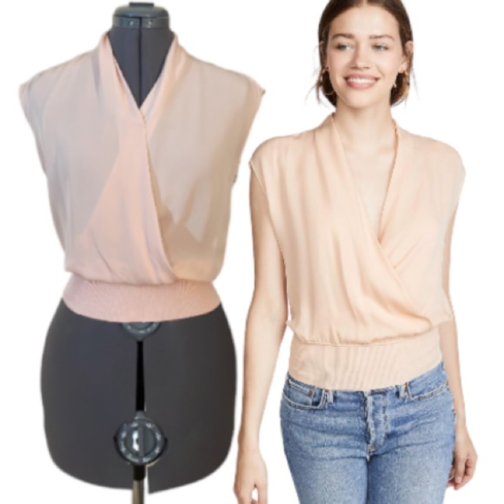 Theory Draped Silk Rib Trim Blouse Top Size P
